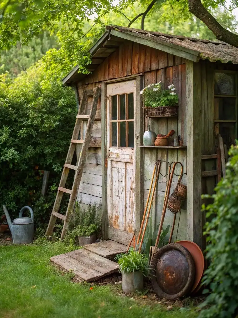 un abris de jardin en bois avec du matériel de jardin posé contre