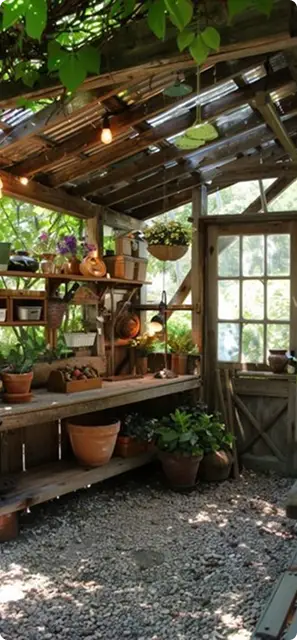 un abris de jardin avec des plantes à l'intérieur